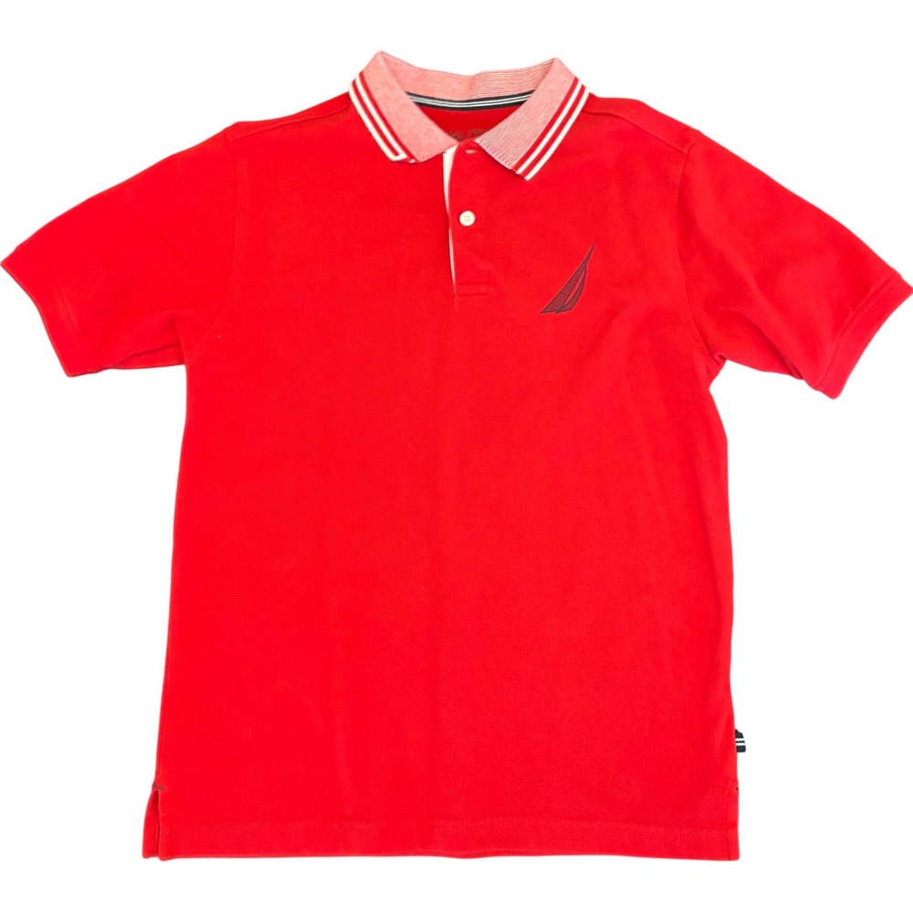 Nautica Polo Shirt Red Striped Collar Short Sleeve Top Kids Size L